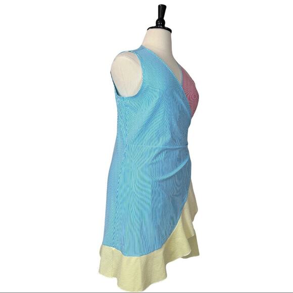 Lands’ End New. Women's Dress Blue Red Yellow Stripe Seersucker Wrap Size XL - Picture 2 of 12